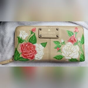 SOLD- CUSTOMIZED Kate Spade Tan Wallet with Red and Green Floral Design
